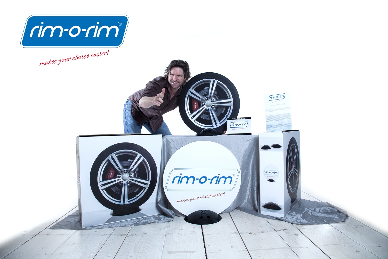 Das komplette rim-o-rim® System — rim-rock®, rim-disks® und Marketing-Material.